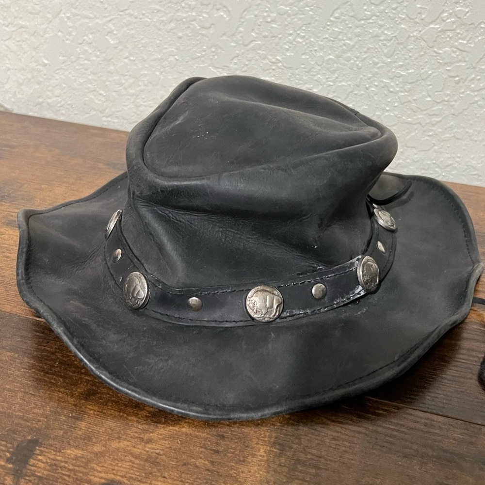 Classic Black Leather Western Cowboy Hat with Buffalo Nickel Conchos